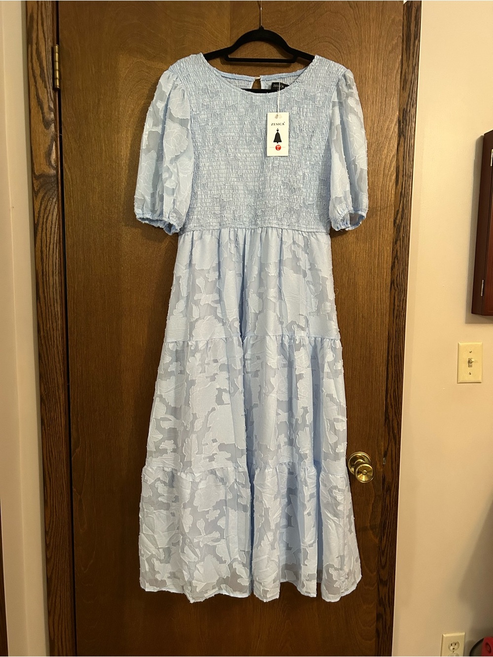 Zesica.  Short puff sleeve crewneck smocked floral lace flowy A line tiered Maxi